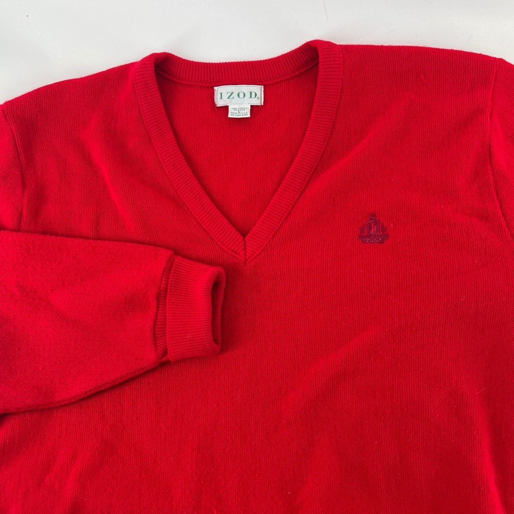 Vintage IZOD USA Red V Neck Sweater‎ Mens Large Embroidered Logo Preppy